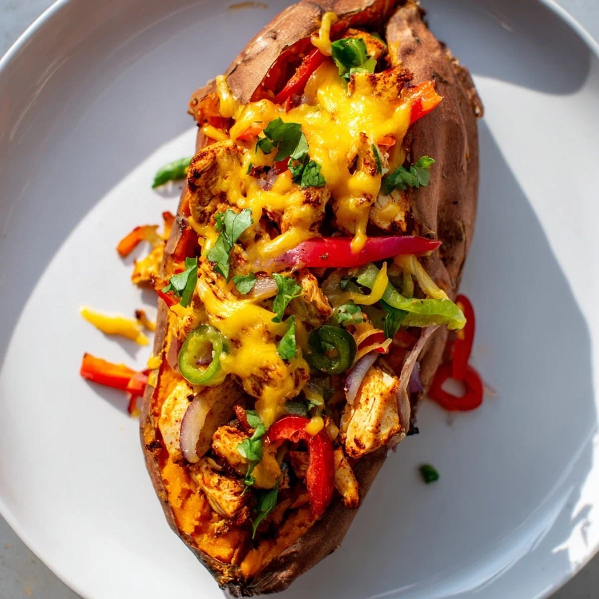 Hearty gluten-free Chicken Fajita Stuffed Sweet Potatoes topped with gooey cheese and avocado slices, with sour cream on the side.