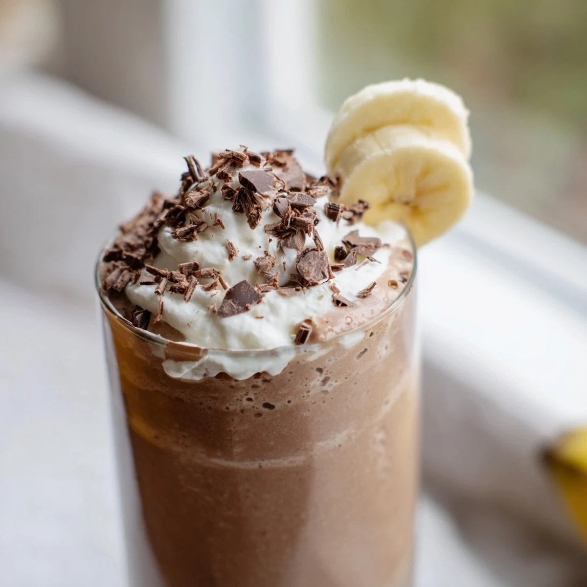 Two tall glasses of Chocolate Peanut Butter Smoothie garnished with sliced bananas and chocolate shavings, resting on a rustic wooden table. This thick, frosty beverage is a healthy treat for breakfast or a post-workout snack. Cold, creamy smoothie topped with chocolate shavings and fresh banana slices in a clear glass. A frosted glass of Chocolate Peanut Butter Smoothie garnished with a banana slice and chocolate shavings. Creamy, indulgent beverage perfect for breakfast, post-workout, or a healthy treat.