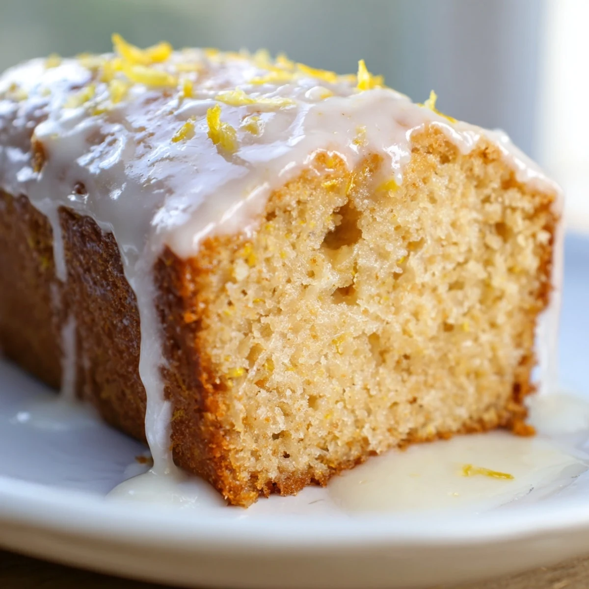 Moist, zesty Lemon Loaf Cake sliced to reveal a tender crumb, topped with glossy sweet lemon icing and fresh zest.