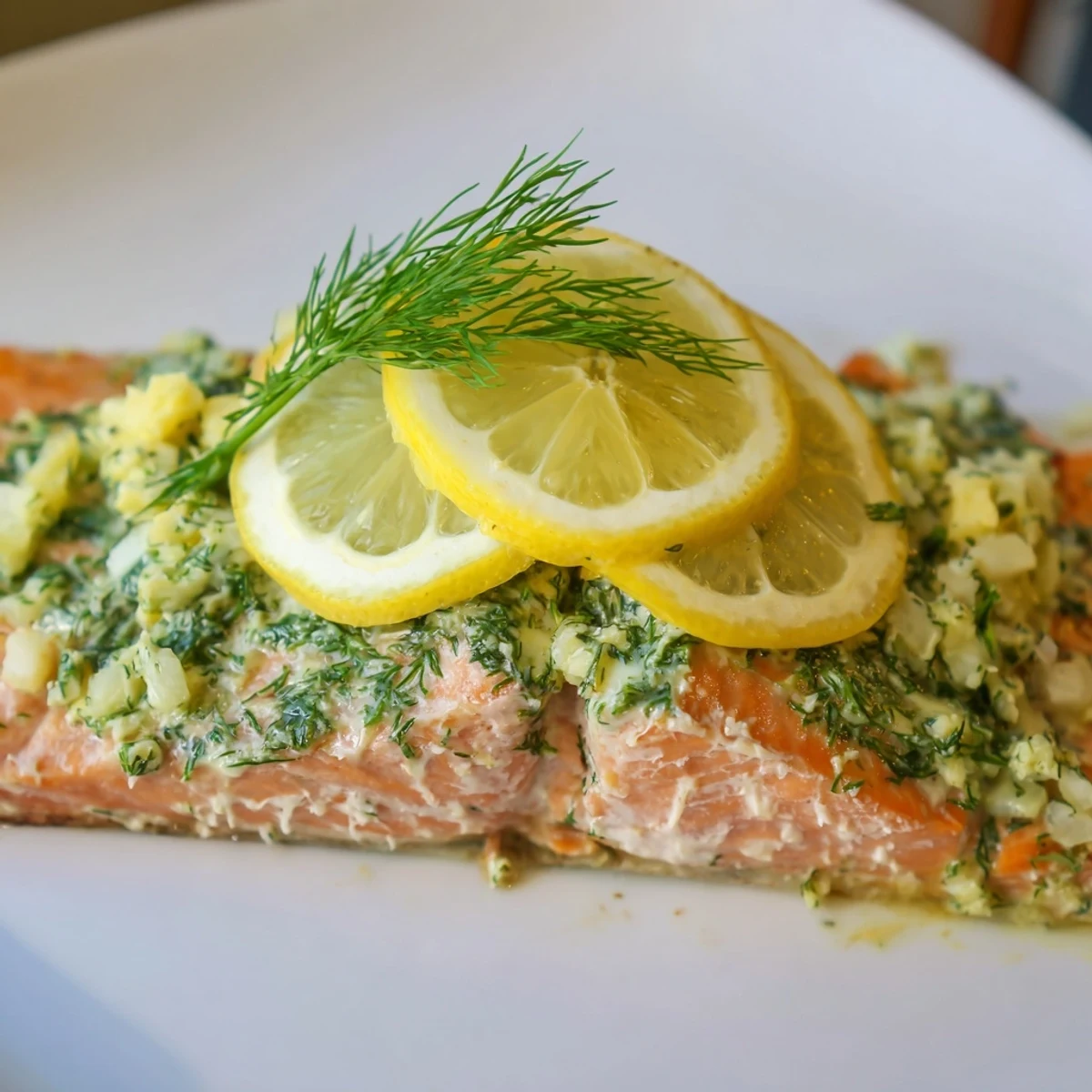 Oven-baked salmon fillet topped with fragrant dill butter and thin lemon slices, garnished with fresh herbs on a white plate.