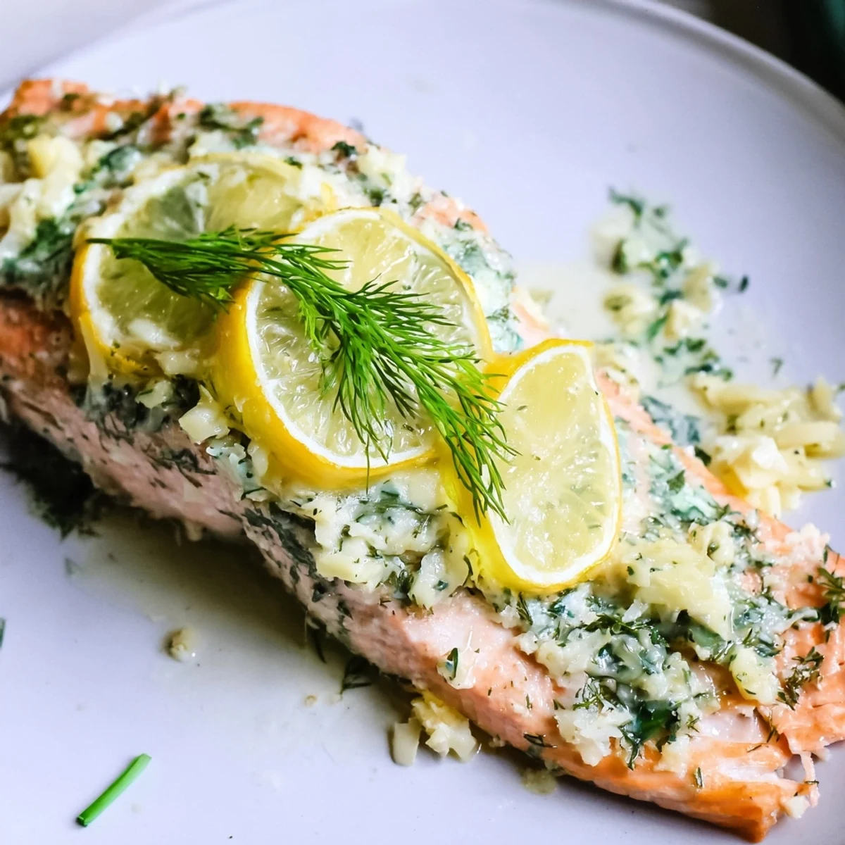 Succulent Baked Salmon with Dill Butter and Lemon served on a plate, ready to be enjoyed as a delicious dinner.