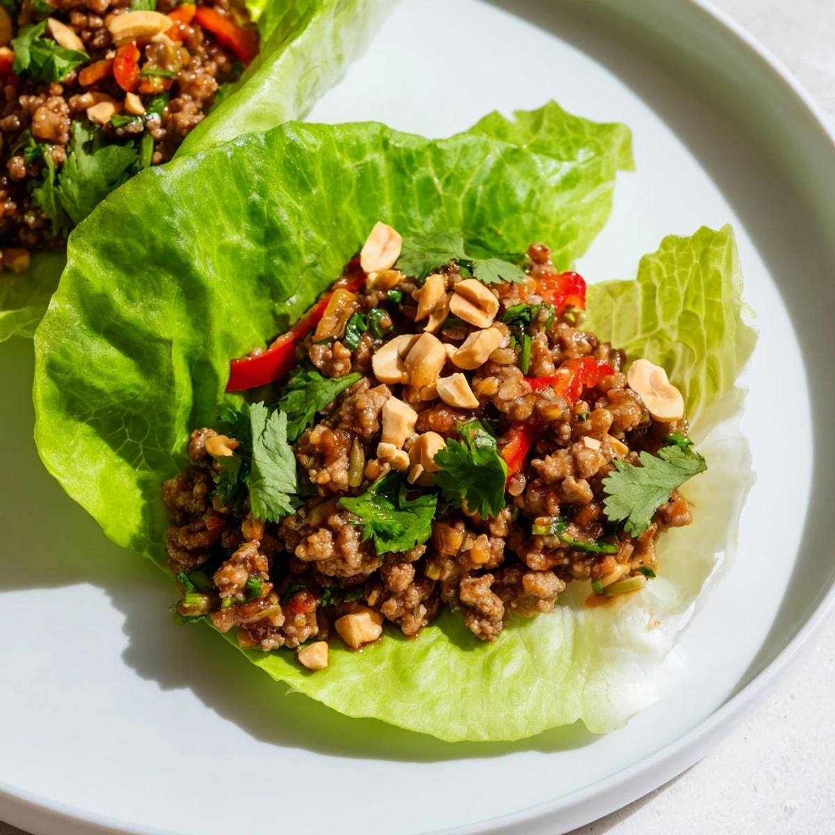 Freshly cooked beef Lettuce Wraps with Chopped Peanuts stuffed into crisp butter lettuce cups, topped with chopped peanuts and cilantro for garnish.
