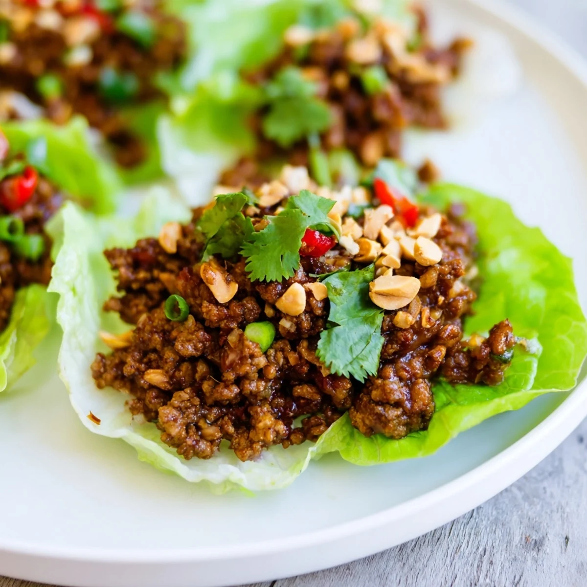 Steamed lettuce leaves holding savory Lettuce Wraps with Chopped Peanuts, garnished with fresh herbs and crushed peanuts for a crunchy texture.