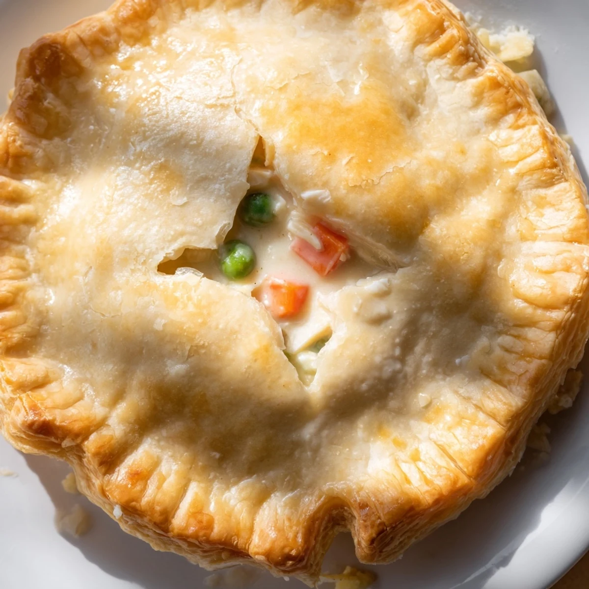 Golden-brown Chicken Pot Pie with flaky crust sits on a cooling rack next to a slice revealing creamy chicken and vegetable filling.