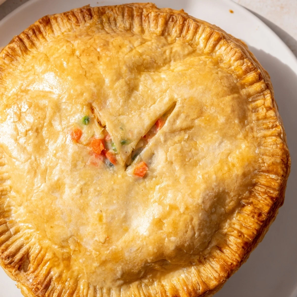 A single slice of Chicken Pot Pie shows tender chicken, carrots, and peas in a rich sauce, served on a rustic plate.