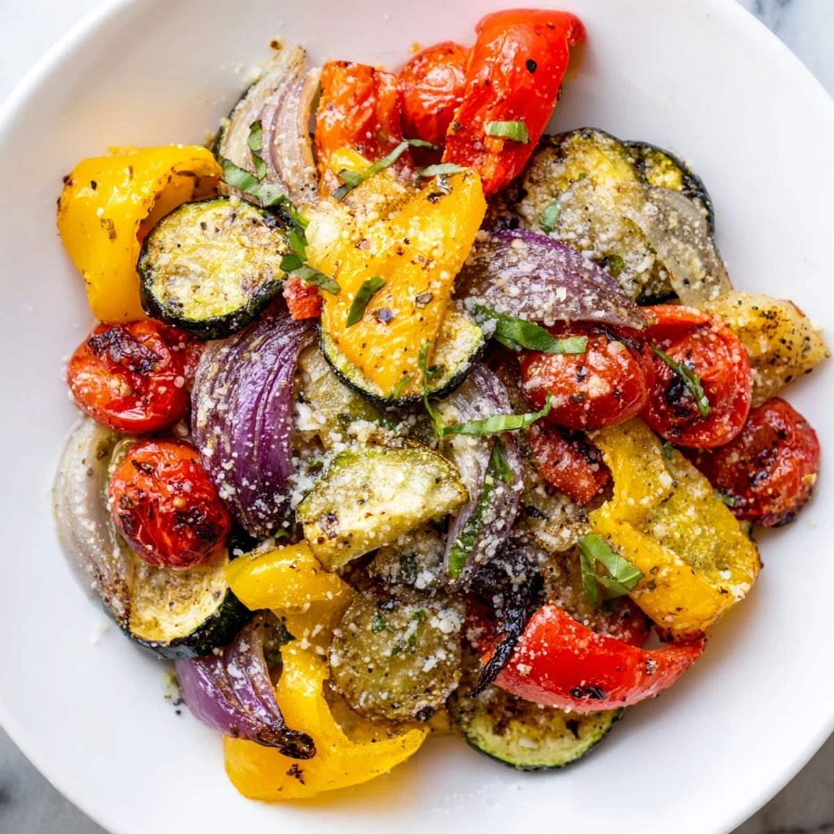 Colorful Roasted Veggies with Italian Seasoning fresh from the oven on a baking sheet, paired nicely with a fork for a healthy side.