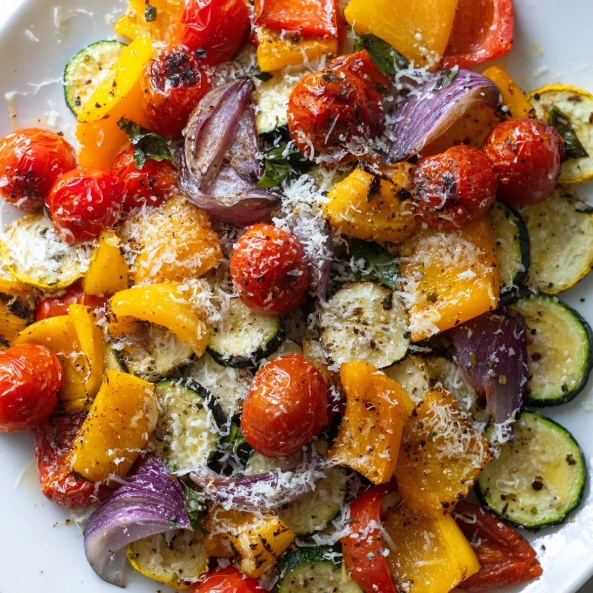 A platter of Roasted Veggies with Italian Seasoning featuring golden zucchini, bell peppers, and charred cherry tomatoes topped with fresh basil.