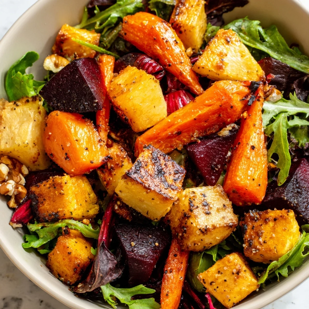 Roasted Root Vegetable Salad with warm carrots, parsnips, and beets on fresh arugula, topped with crumbled goat cheese and toasted walnuts.