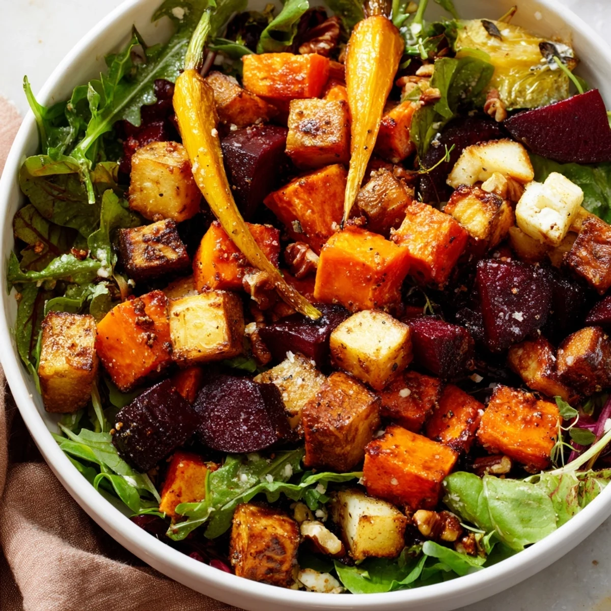This hearty Roasted Root Vegetable Salad features golden sweet potatoes, earthy beets, and nuts on greens, a perfect vegetarian main or side dish.