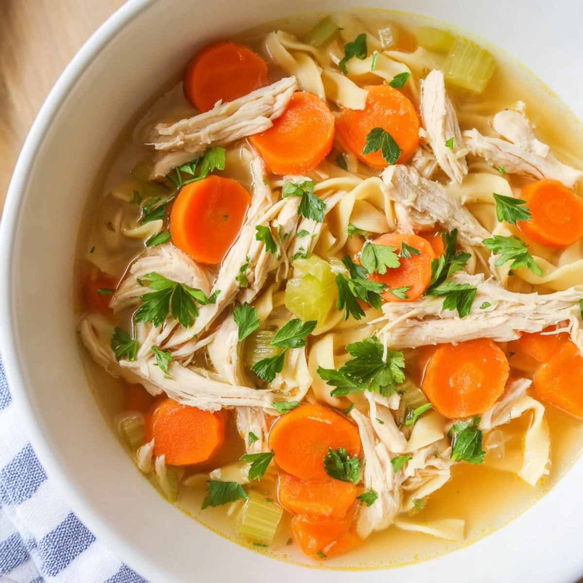 Close-up of steaming homemade chicken noodle soup with tender shredded chicken, carrots, celery, and egg noodles in a rich golden broth.