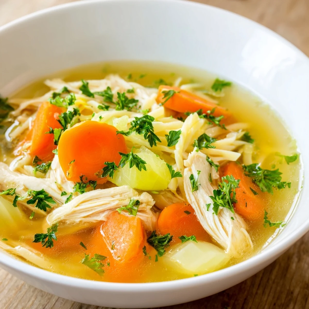 A cozy bowl of classic American chicken noodle soup garnished with fresh parsley, served on a rustic wooden table for a comforting meal.