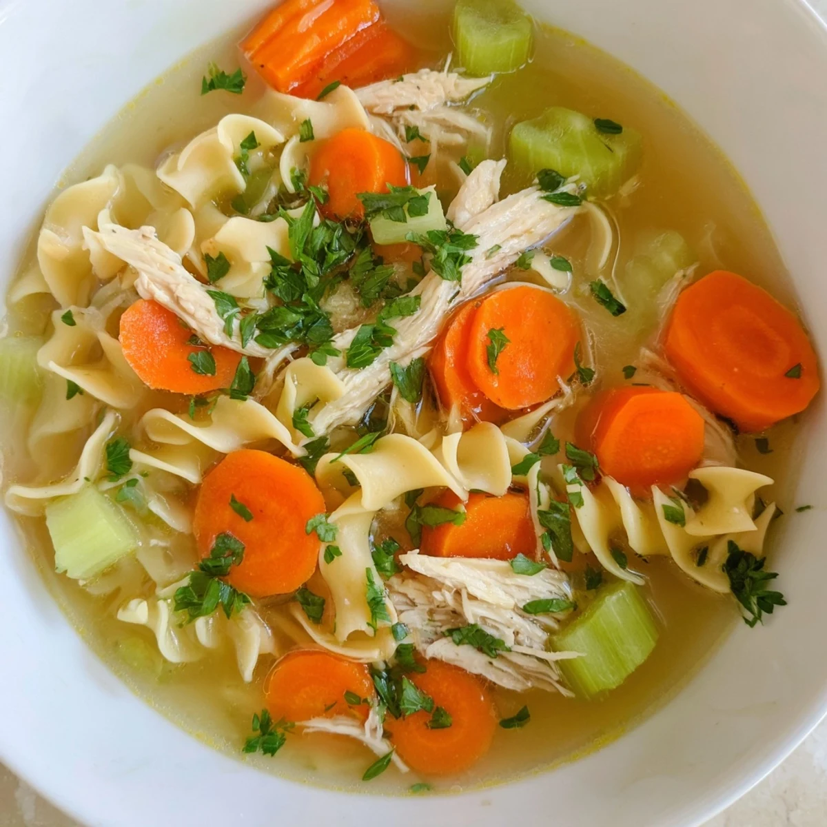 Ladle of savory chicken noodle soup featuring vibrant vegetables and wide egg noodles, perfect for chilly weather or soothing a cold.
