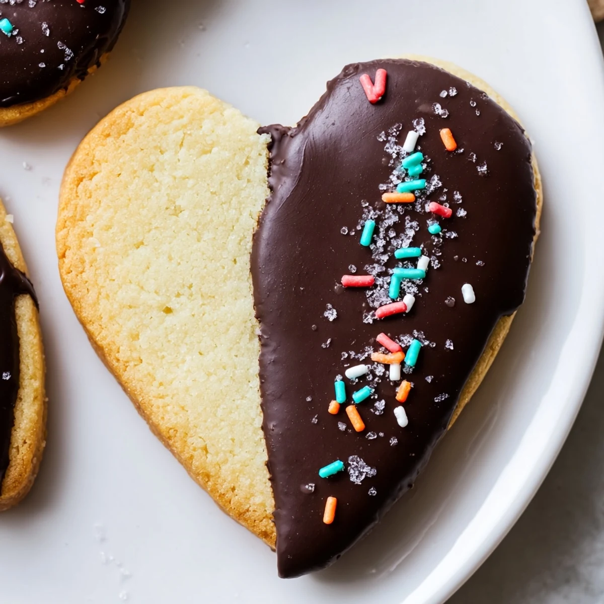 Glossy chocolate-dipped shortbread hearts arranged on a white plate, perfect for Valentine’s Day treats or tea time.  