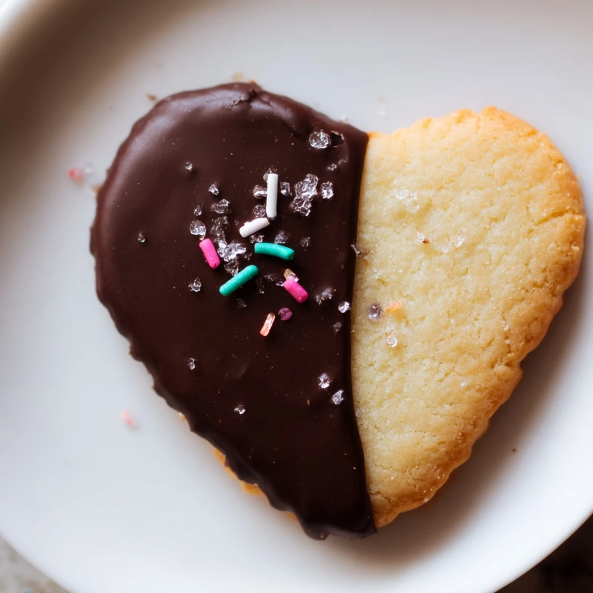 Freshly baked buttery shortbread hearts with rich dark chocolate dip, sprinkled with red sugar for festive occasions.  
