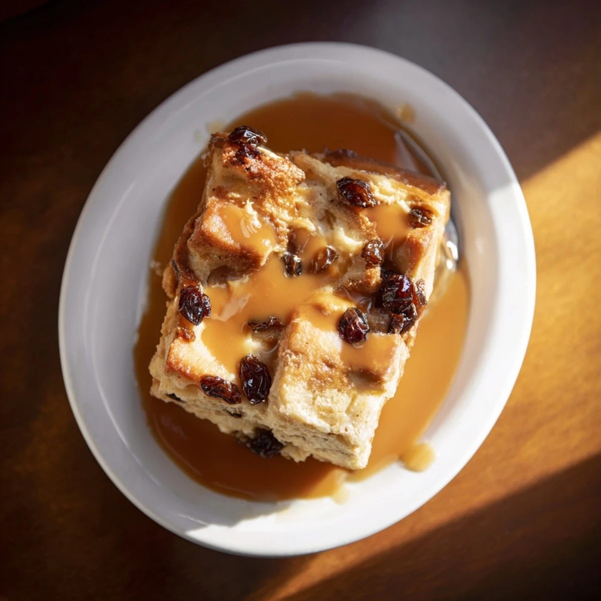 Golden-brown New Orleans Bread Pudding sits in a white dish, drizzled with a warm bourbon sauce and a few plump raisins visible on top.  