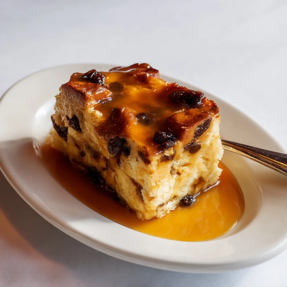 Freshly baked New Orleans Bread Pudding is served warm in a ceramic dish, with a side of rich bourbon sauce ready for drizzling.