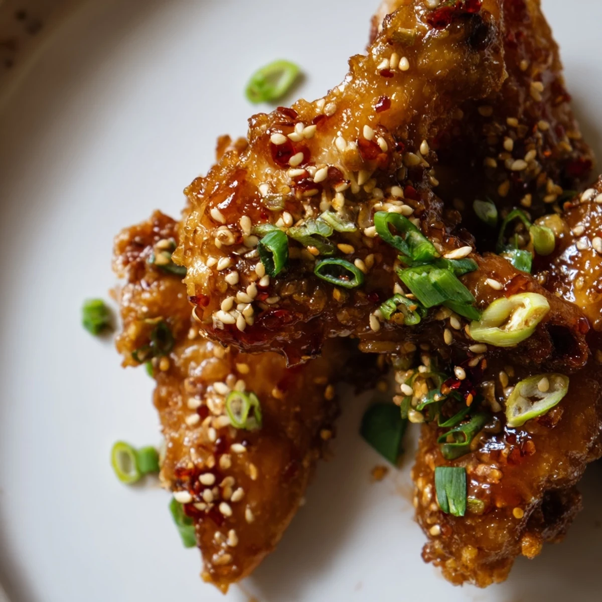 Crispy Big Game Sticky Honey Garlic Wings with a glossy honey garlic glaze garnished with scallions and sesame seeds on a platter.  