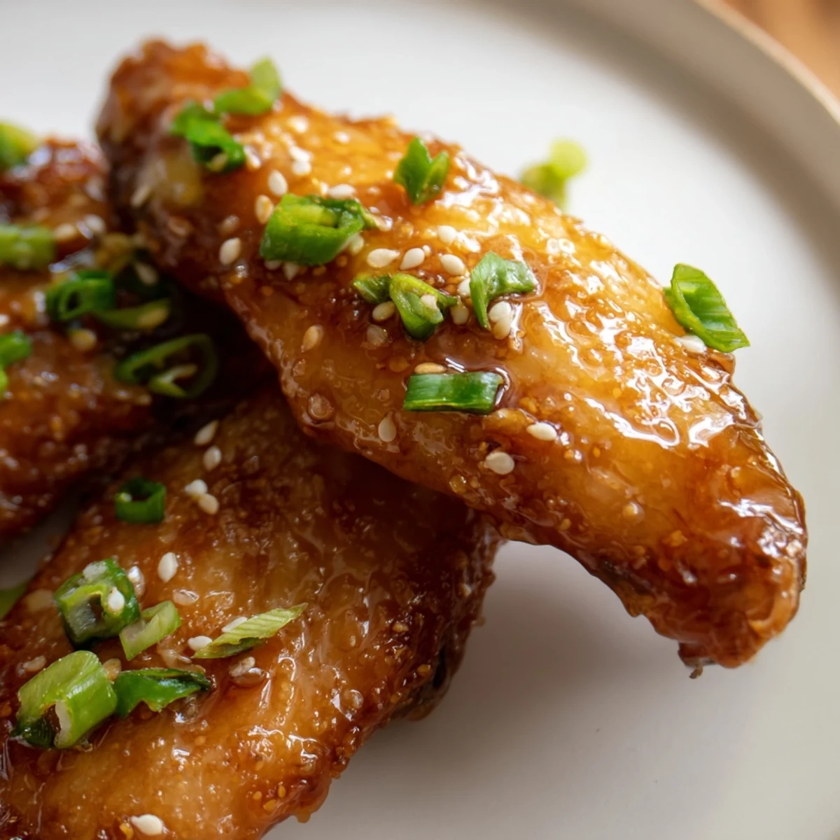 A close-up of Big Game Sticky Honey Garlic Wings tossed in sticky honey garlic glaze, ready for a festive game day gathering.