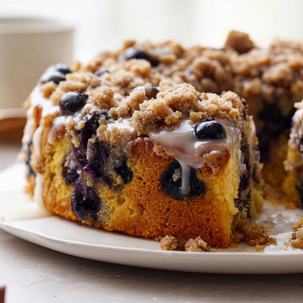 A slice of warm lemon blueberry coffee cake with crumb topping, served on a rustic plate with fresh berries.  
