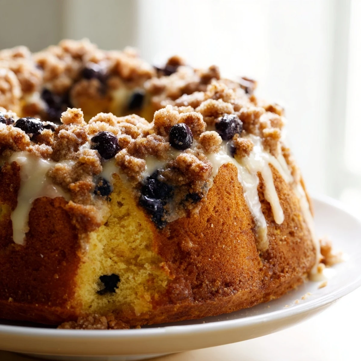 Golden-brown lemon blueberry coffee cake with juicy berries visible, crumbly topping, and a light lemon glaze drizzle.  