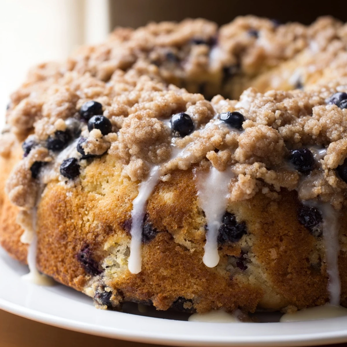 Freshly baked lemon blueberry coffee cake in a round pan, perfect for breakfast or brunch with a cup of coffee.