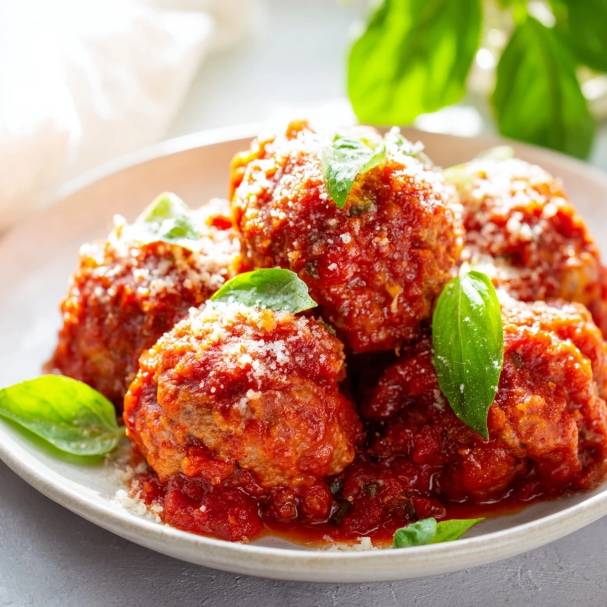 Platter of Turkey Meatballs with Marinara simmering in rich tomato sauce, garnished with fresh basil and ready to serve.
