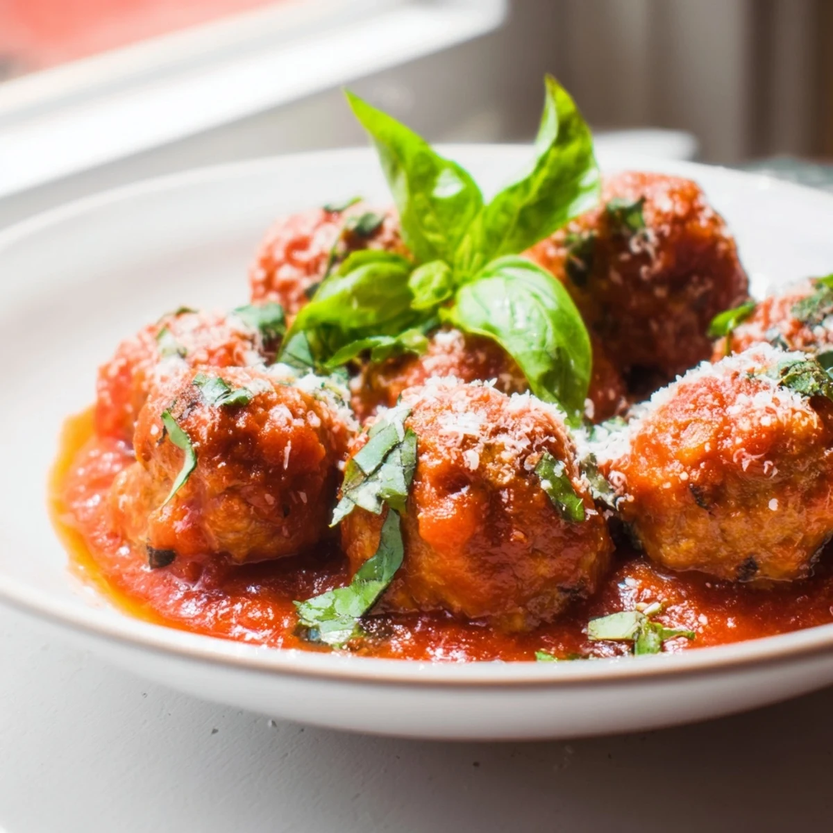 Golden-brown Turkey Meatballs with Marinara nestled in a skillet, accompanied by a side of crusty Italian bread for dipping.