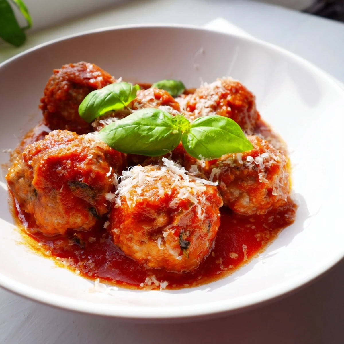 Savory Turkey Meatballs with Marinara served over a bed of spaghetti, showing tender meat and a vibrant, herb-flecked sauce.
