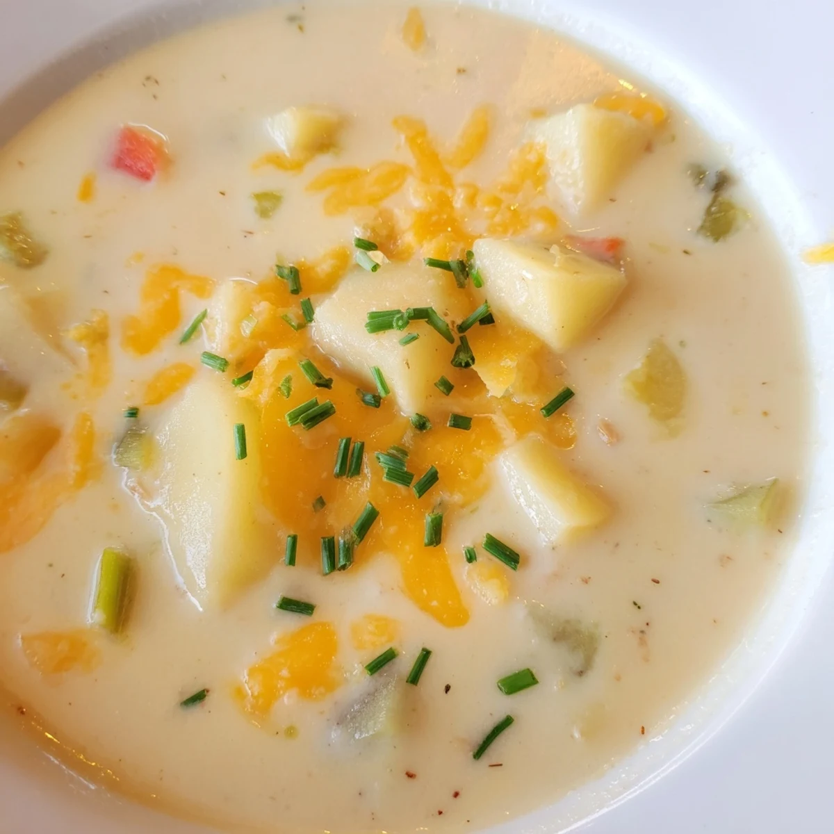 Smooth Irish Cheddar Potato Soup simmering in a pot, featuring diced potatoes, carrots, and celery with a rich, velvety texture.