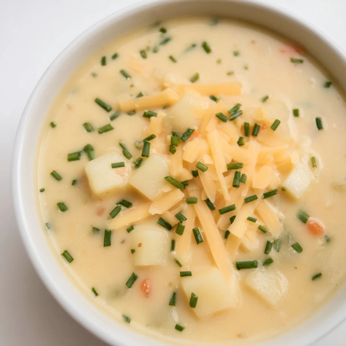 Steaming bowl of Irish Cheddar Potato Soup topped with crumbled bacon and sharp cheddar, perfect for a cozy, chilly evening.