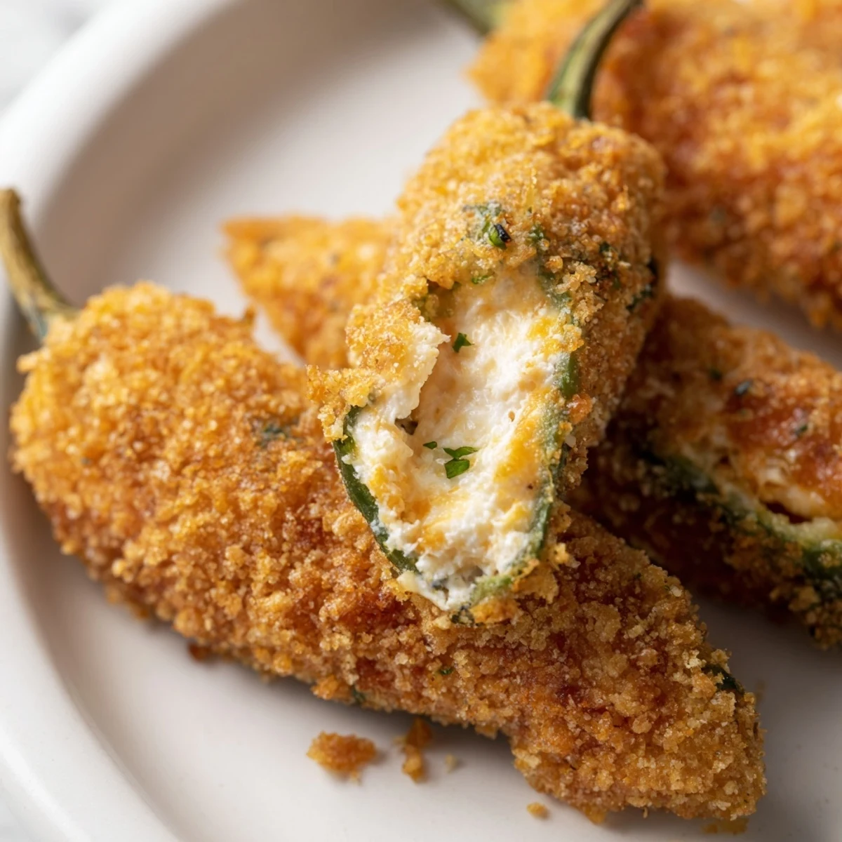 Crispy, golden-brown jalapeño poppers with cream cheese filling on a rustic serving platter, ready for a party appetizer spread.  