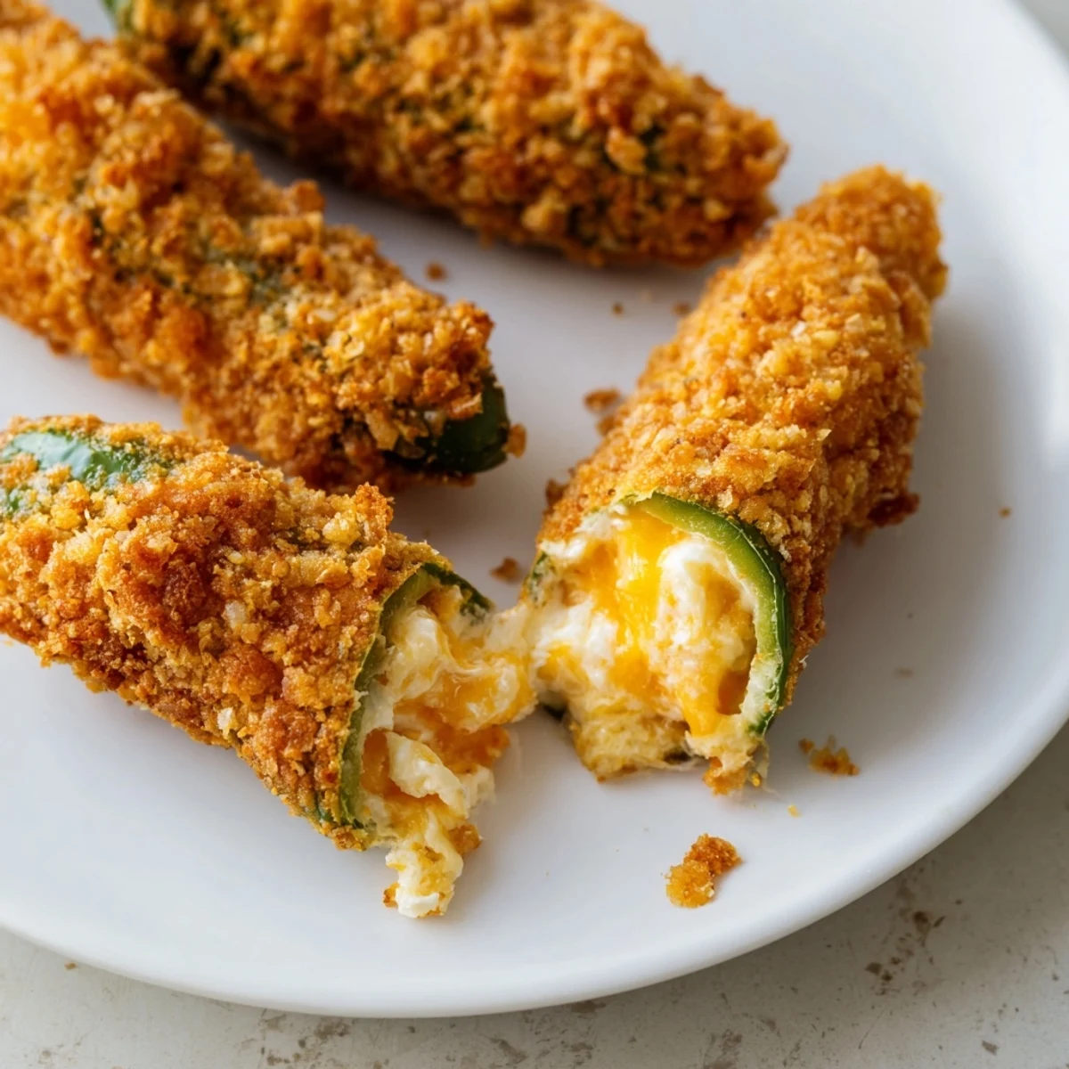 Sizzling hot jalapeño poppers with cream cheese dip, showing crunchy breading and melted cheese oozing from the pepper halves.  