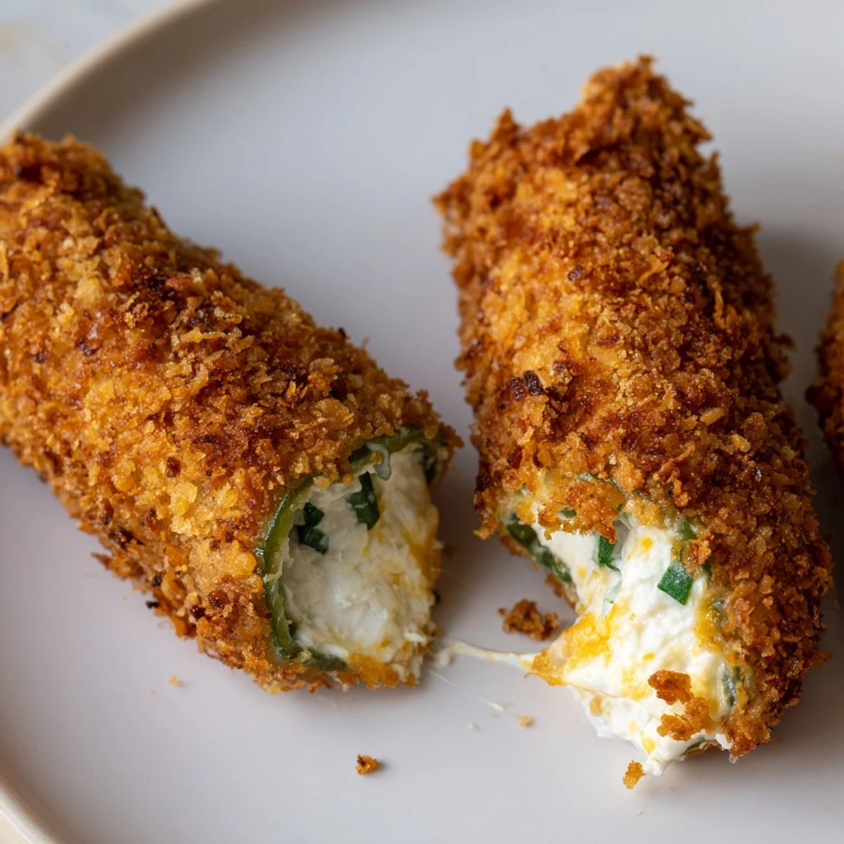 Freshly fried spicy jalapeño poppers with cream cheese filling, arranged on a checkered napkin beside a bowl of ranch dip.