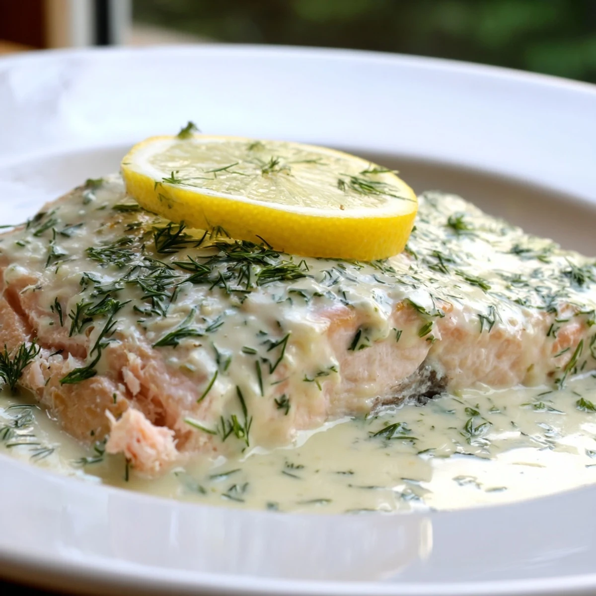 Freshly baked salmon fillets glistening with a creamy dill and lemon sauce, served alongside roasted asparagus.