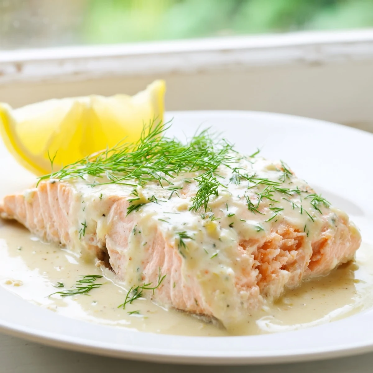 Flaky, tender salmon topped with a bright lemon dill sauce, garnished with fresh herbs and lemon slices.