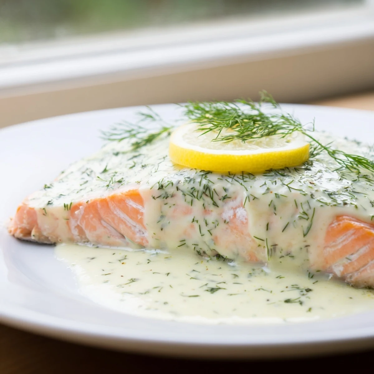 Golden-baked salmon fillets covered in a tangy dill and lemon sauce, plated for a delicious main course.