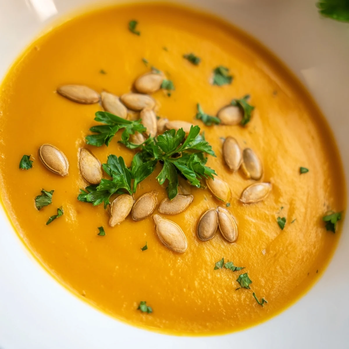 A close-up of creamy pumpkin soup with toasted seeds, steaming gently in a rustic bowl.  