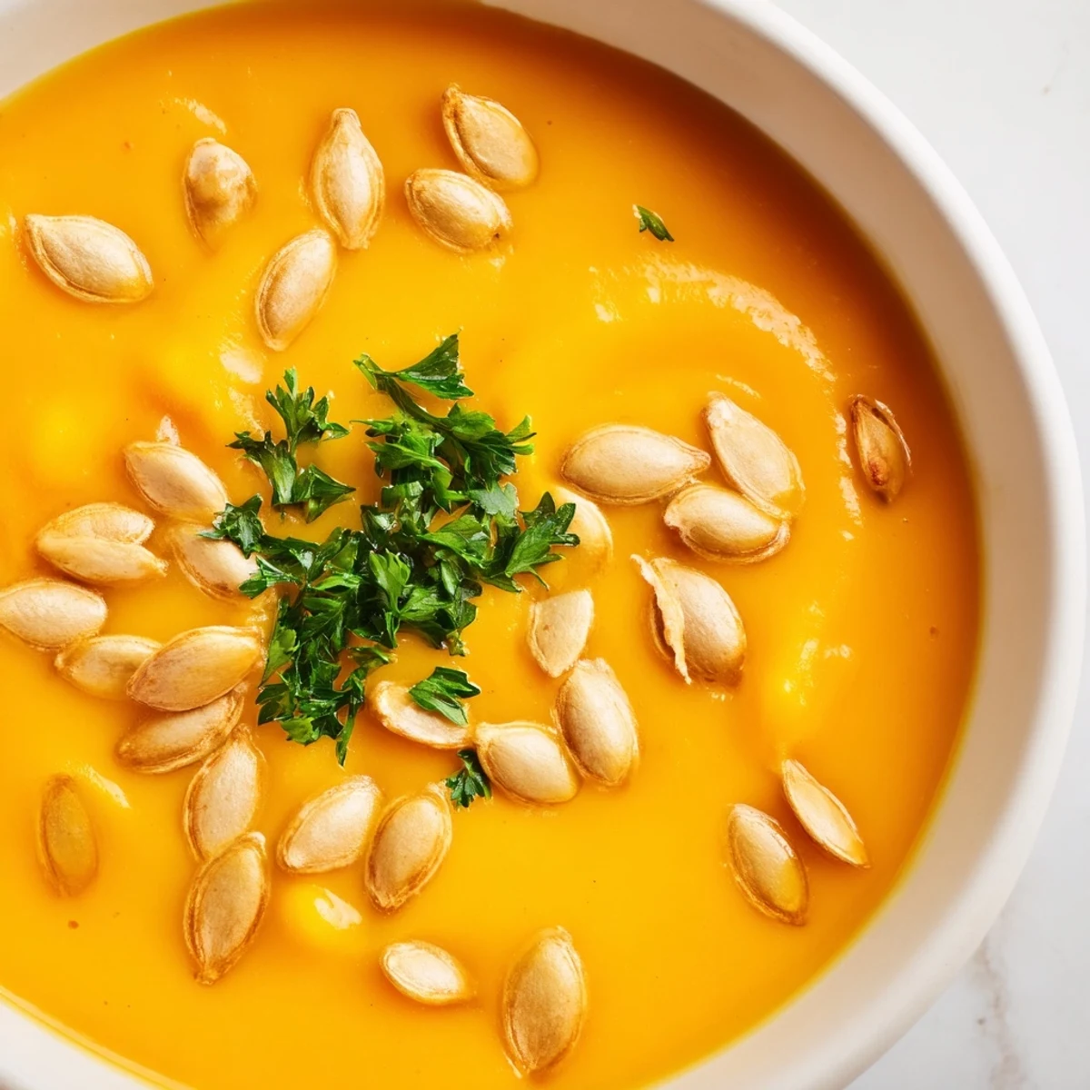 Vibrant orange pumpkin soup with toasted seeds, served steaming hot for a cozy autumn meal.