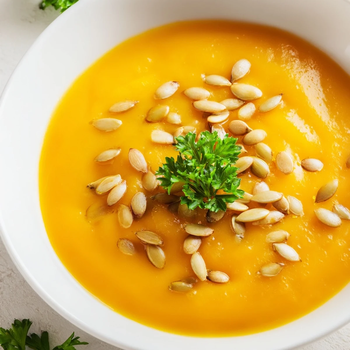 Creamy pumpkin soup garnished with golden toasted seeds and fresh parsley on a rustic table.  