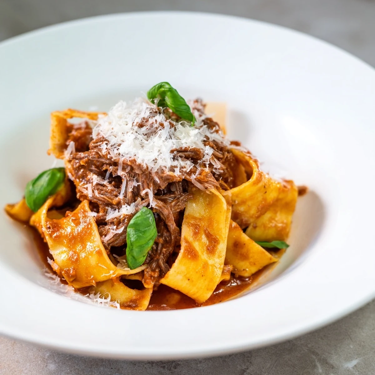 Slow cooker beef ragu spooned over silky pappardelle pasta with fresh basil and grated Parmesan cheese.