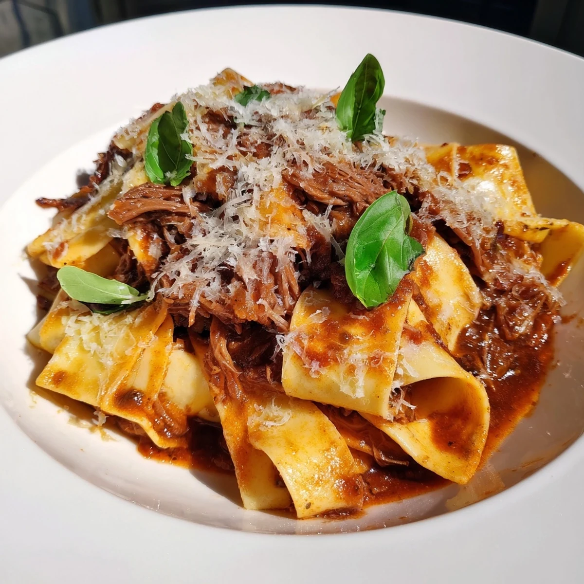 Hearty pappardelle noodles twirled in slow-cooked beef ragu, garnished with Parmesan and fresh herbs.