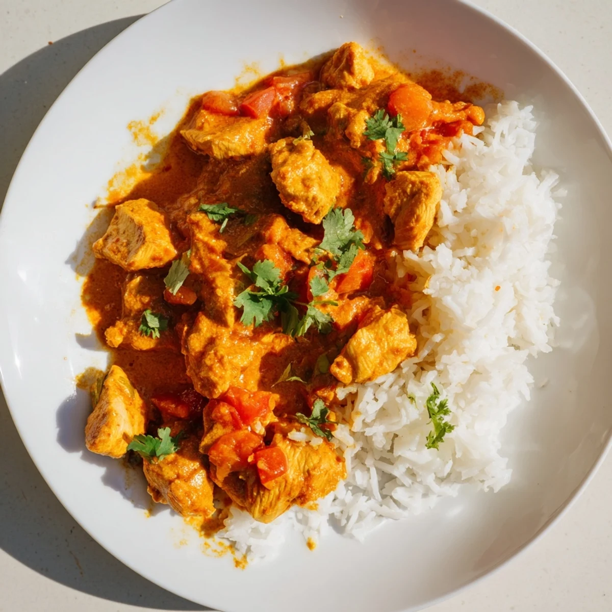 A close-up of Spicy Curry Chicken with Rice, featuring tender chicken pieces in a creamy orange sauce with vibrant cilantro garnish.  