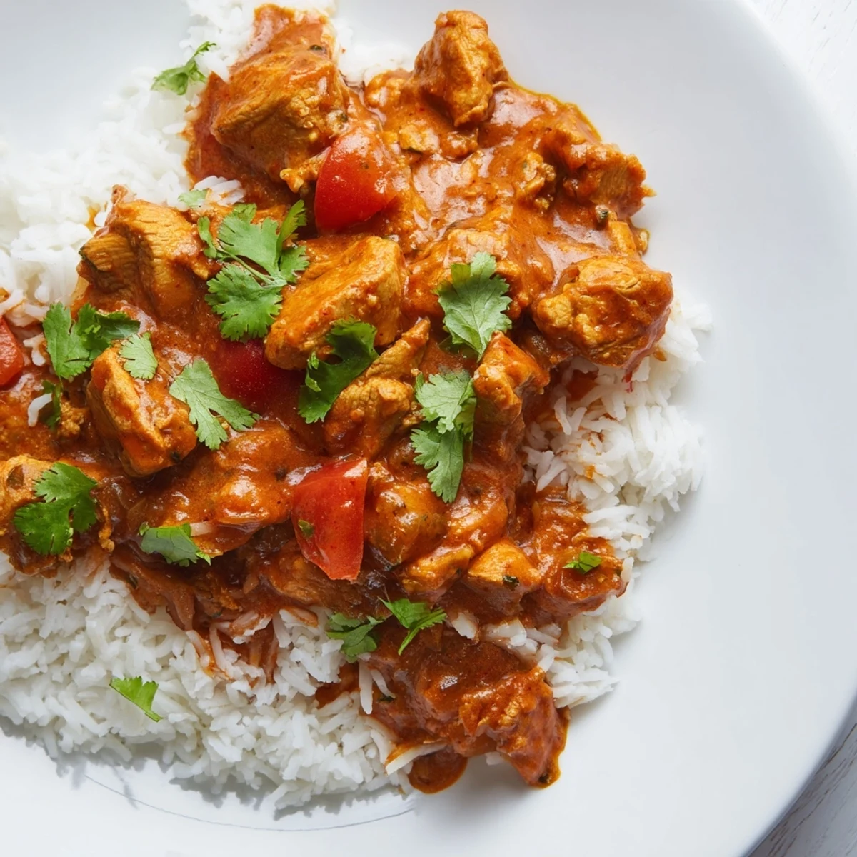 In this image, Spicy Curry Chicken with Rice is garnished with fresh cilantro alongside fluffy steamed rice and a spoon for serving.