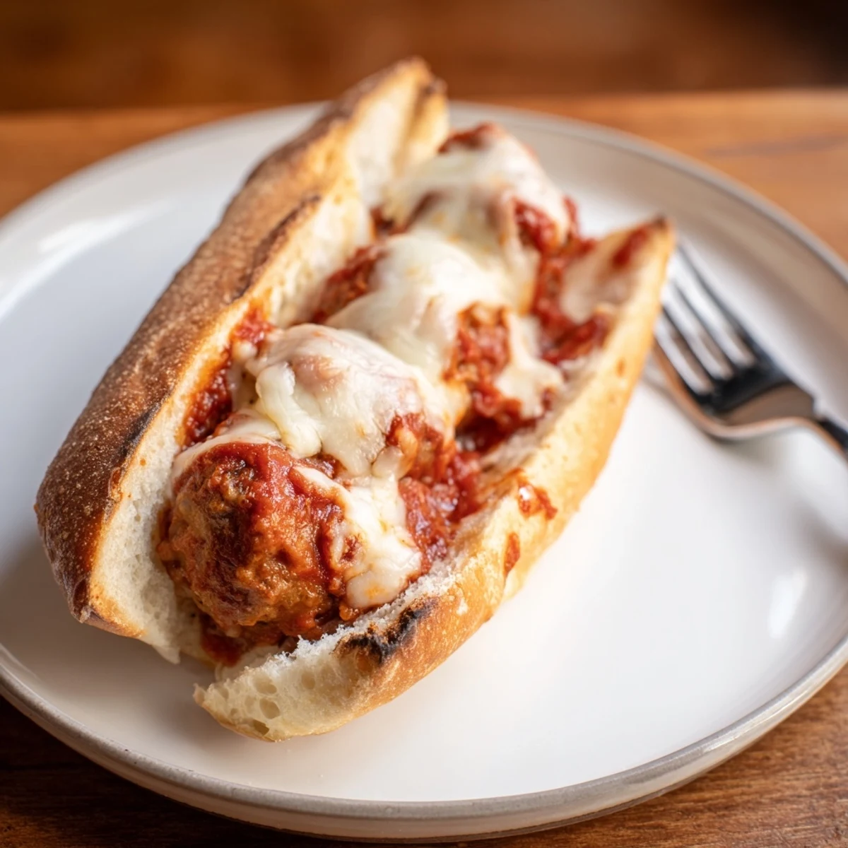 Golden-baked turkey meatballs simmer in rich marinara sauce, melted mozzarella bubbling over toasted sub rolls, ready to serve.