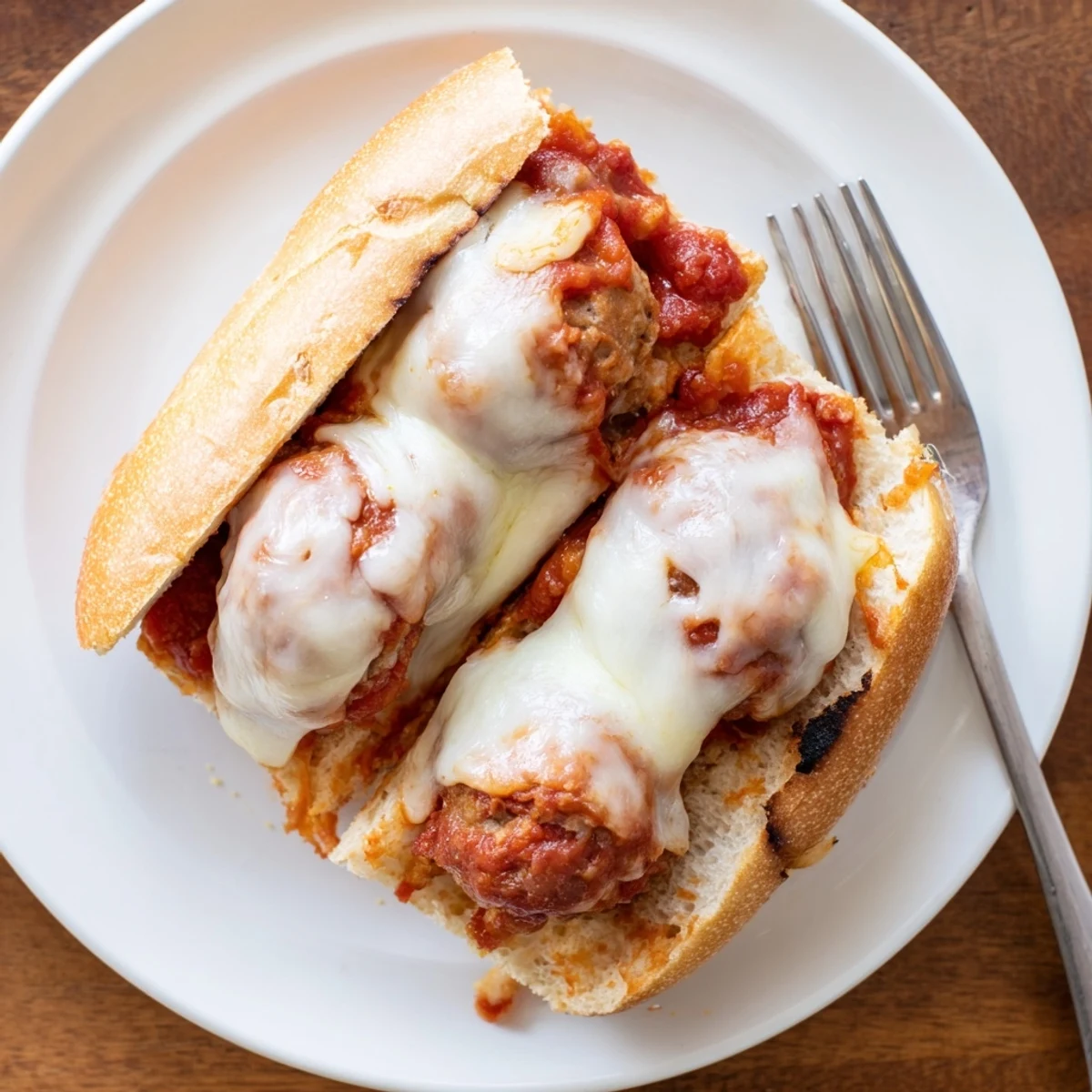 Freshly toasted hoagie rolls cradle tender turkey meatballs and marinara, generously topped with melted cheese for a savory bite.