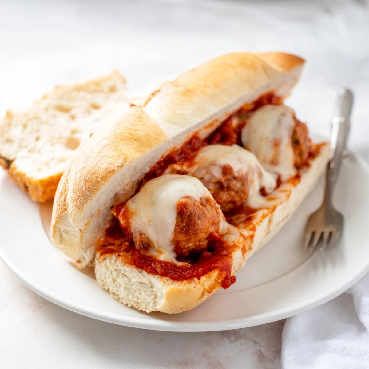 Close-up of juicy turkey meatball subs with melted mozzarella, basil garnish, and warm marinara sauce dripping from the toasted bread.