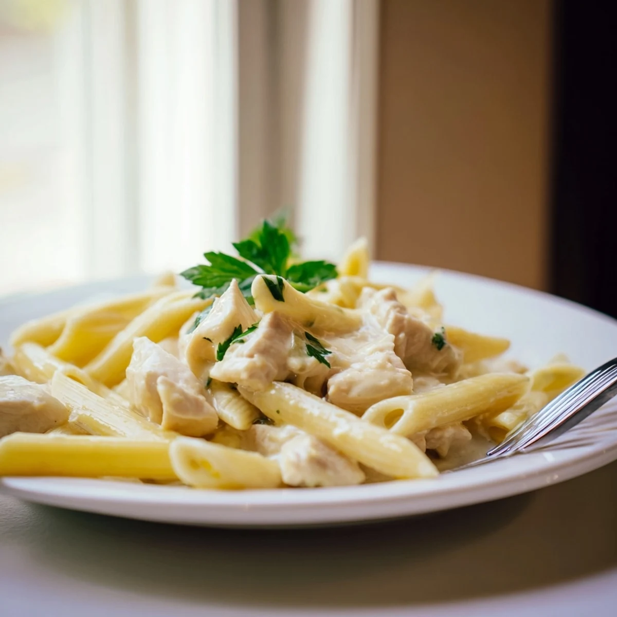 Steam rising from Creamy Chicken Alfredo with Penne, golden chicken pieces and parmesan sauce.