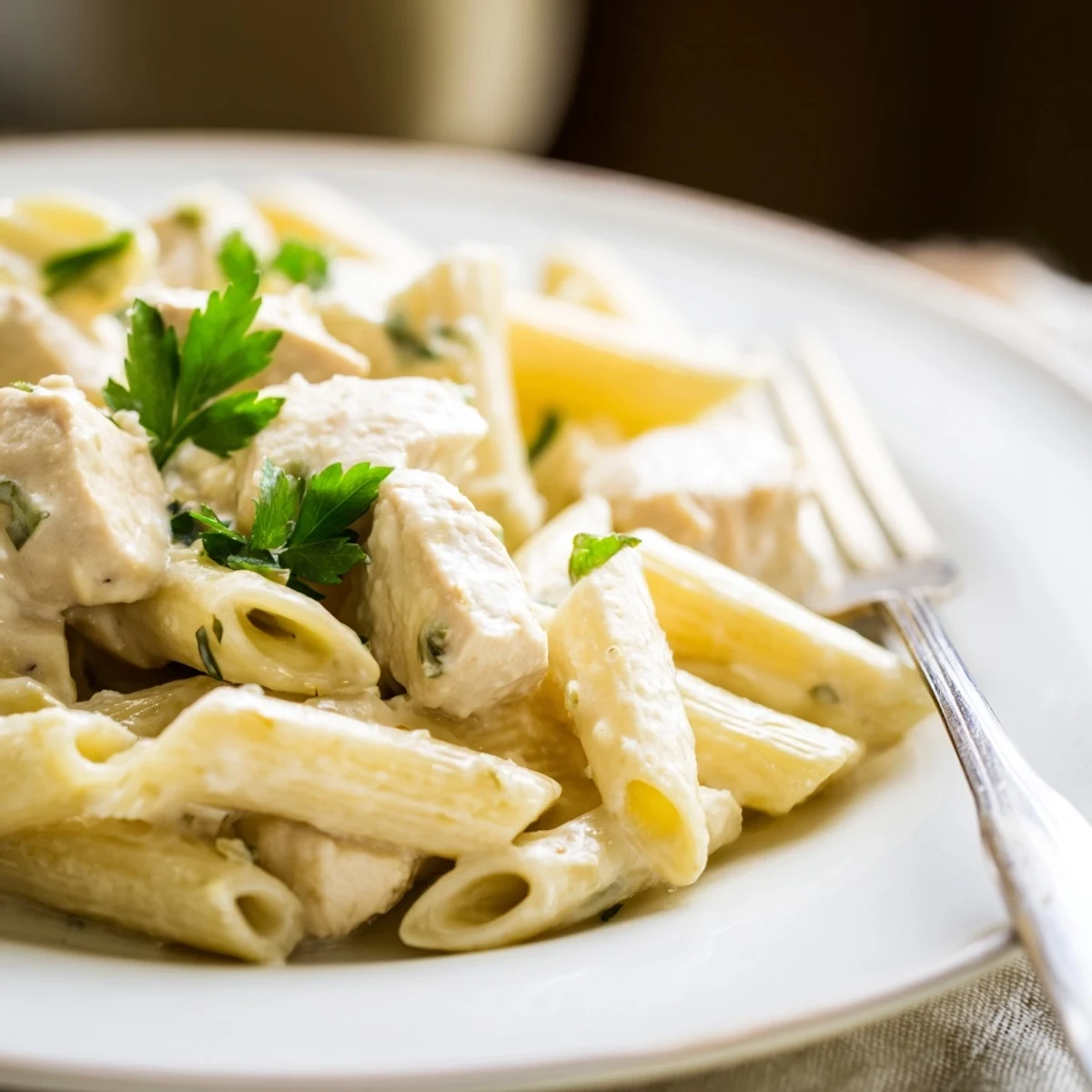 Family-style platter of Creamy Chicken Alfredo with Penne, noodles twirled with rich cream sauce.