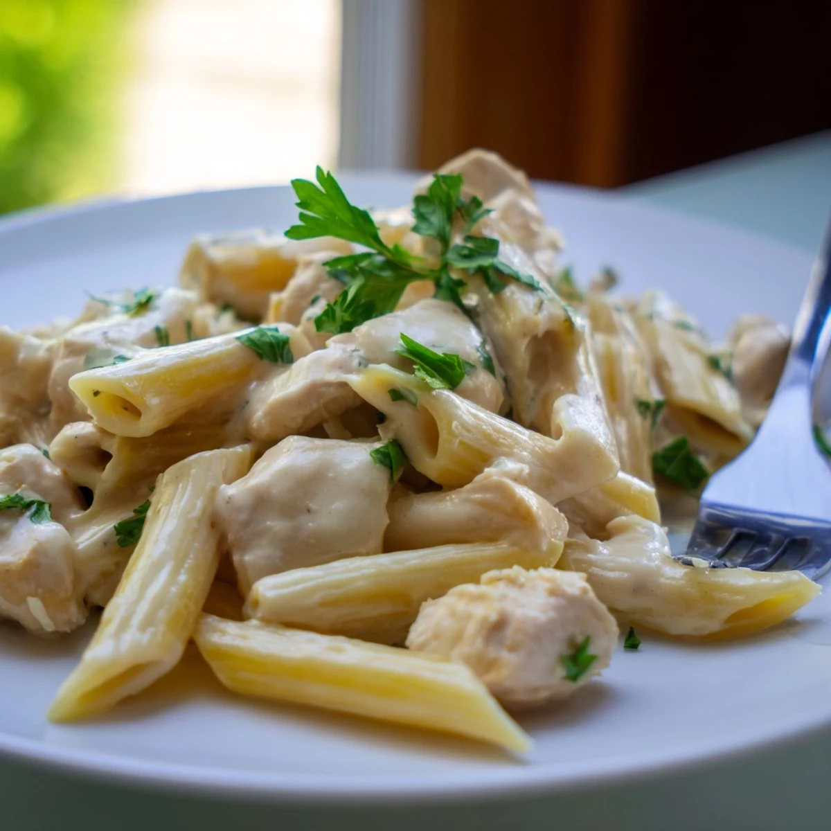 Creamy Chicken Alfredo with Penne in a white bowl, fresh parsley garnish, Italian-inspired comfort food.