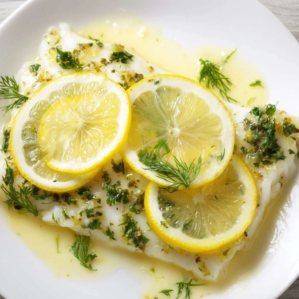 Tender halibut fillets baking in the oven with a golden herb butter glaze and fresh parsley.